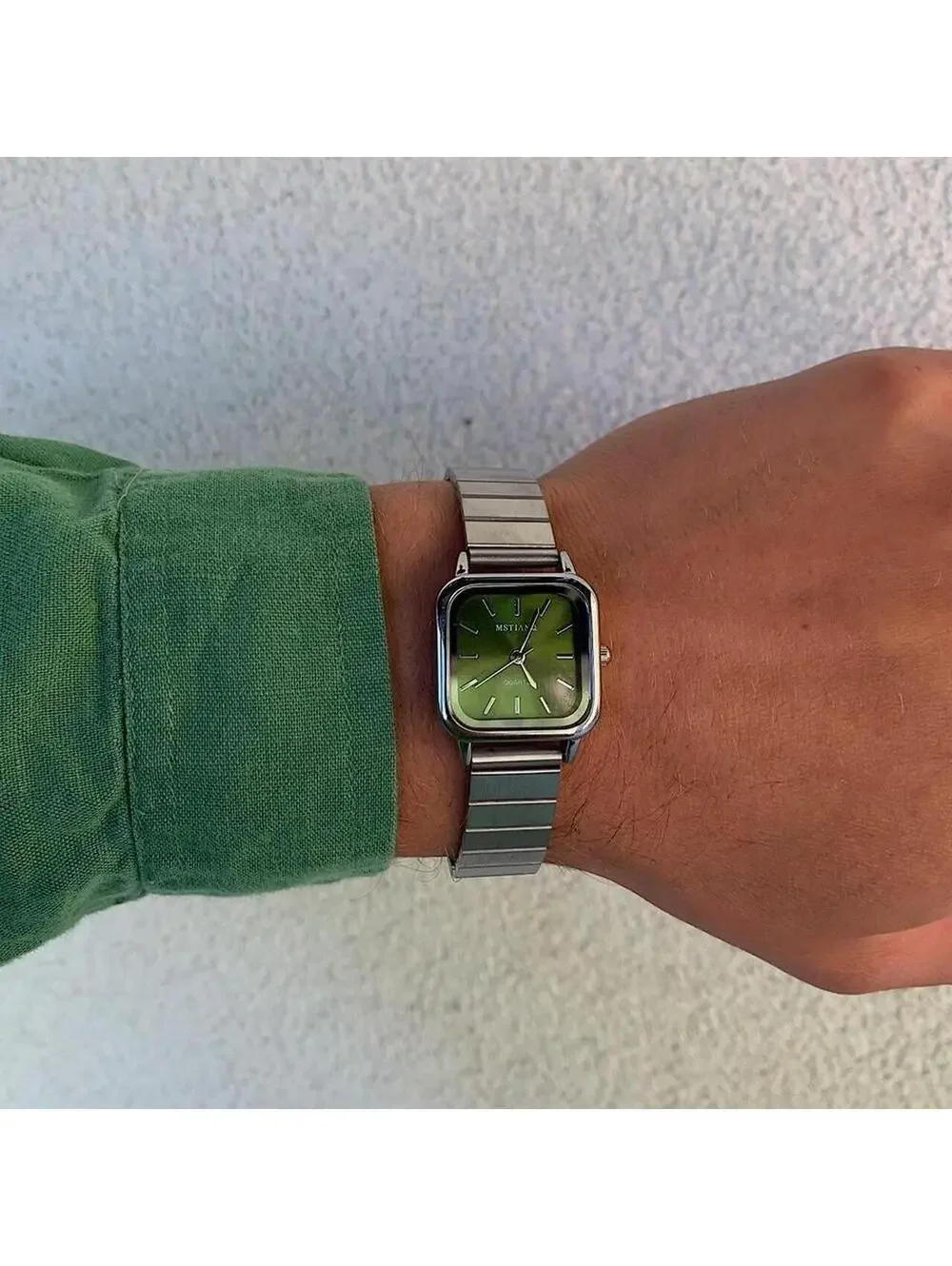 Green Face Stainless silver square watch. Classy sporty style watch. Stainless